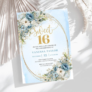 Chic Dusty Blue Blumen Sweet Sixteen Geburtstag  Einladung