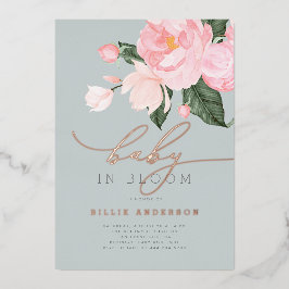 Chic Dusty Blue Blush Floral Baby in Blütendusche Folieneinladung