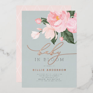 Chic Dusty Blue Blush Florale Babyparty-Einladung Folieneinladung