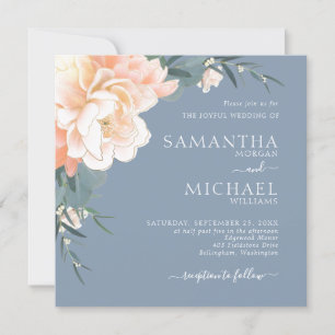 Chic Dusty Blue Blush Peach Gold Floral Wedding Einladung