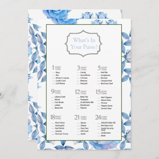 Chic Dusty Blue Blush Rose Brautparty Game Einladung (Vorne/Hinten)