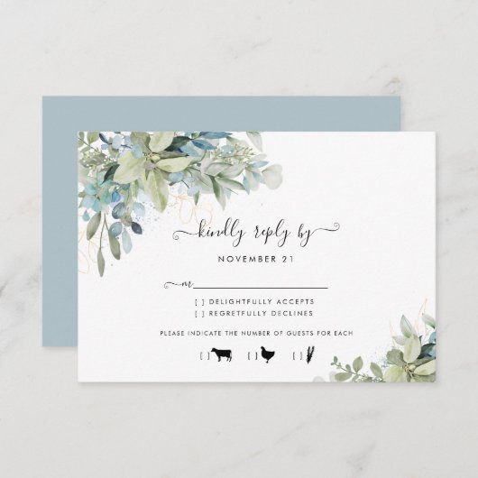 Chic Dusty Blue Botanical Wedding Meal RSVP Card (Vorne/Hinten)