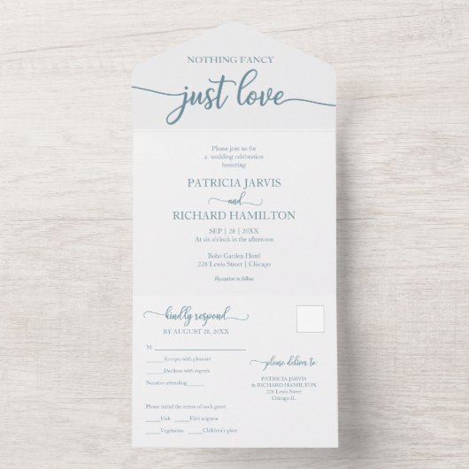 Chic Dusty Blue Calligraphy Lässig Wedding All In One Einladung (Innen Boden)