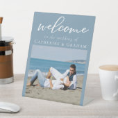 Chic Dusty Blue Couple Foto Hochzeit Empfang Sockelschild (In SItu)