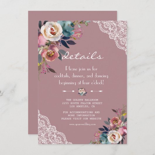 Chic Dusty Blue Dusty Rose Blume Hochzeiten Detail Begleitkarte (Vorne/Hinten)