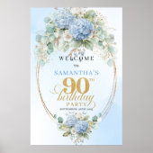 Chic Dusty Blue Floral 90th birthday welcome Poster (Vorne)