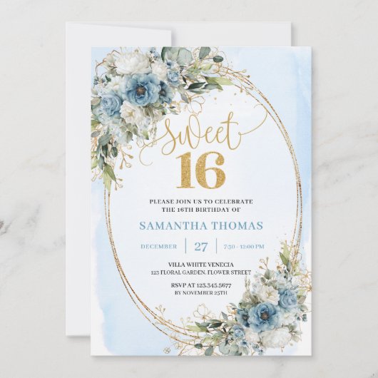 Chic Dusty Blue Floral Eucalyptus Sweet 16 Invite Einladung (Vorderseite)