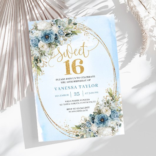 Chic Dusty Blue Floral Eucalyptus Sweet 16 Invite Einladung