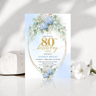 Chic Dusty Blue Floral Gold 80th Birthday Invite Einladung