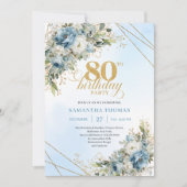 Chic Dusty Blue Floral Gold 80th Birthday Invites Einladung (Vorderseite)
