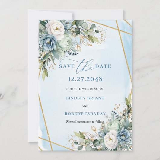 Chic Dusty Blue Floral Gold Save the Date Einladung (Vorderseite)