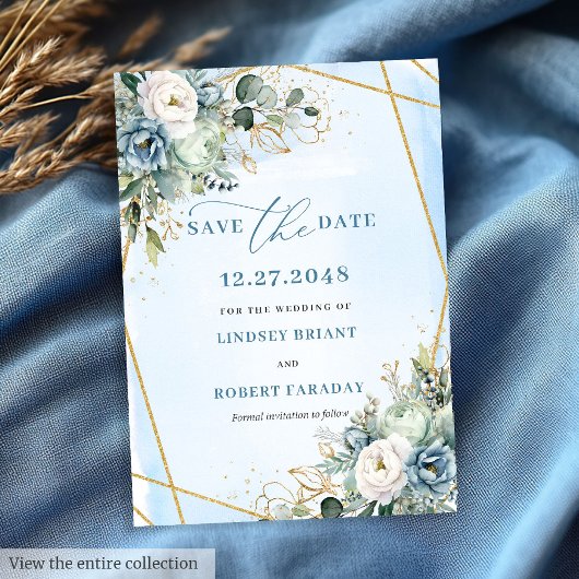 Chic Dusty Blue Floral Gold Save the Date Einladung