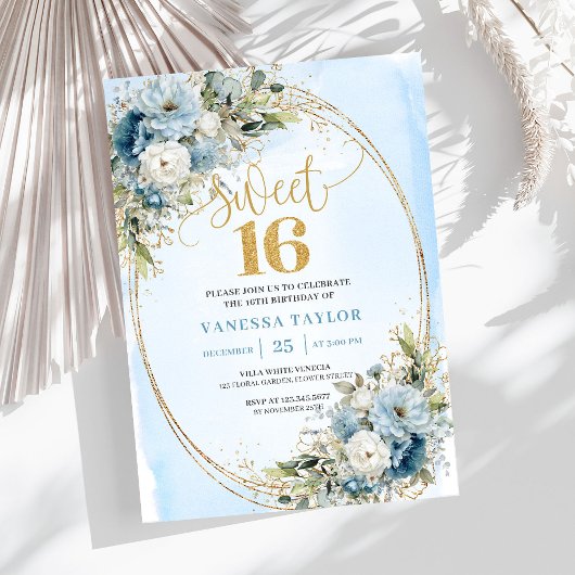 Chic Dusty Blue Floral Gold Sweet Sixteen Invite Einladung