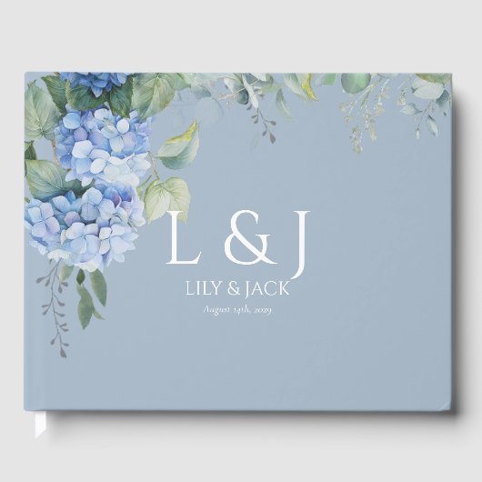 Chic Dusty Blue Floral Hydrangea Wedding Gästebuch (Vorderseite)
