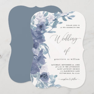 Chic Dusty Blue Floral mit Calligrafy Wedding Einladung