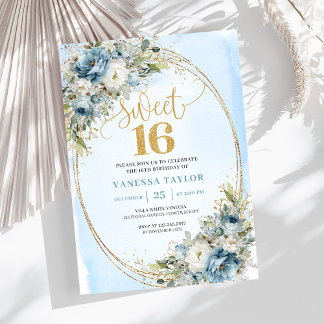 Chic Dusty Blue Floral Sweet 16th Birthday Invites Einladung