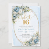 Chic Dusty Blue Floral Sweet 16th Birthday Invites Einladung (Vorderseite)