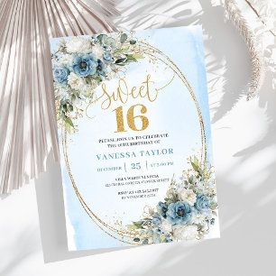 Chic Dusty Blue Florale Eukalyptus Sweet 16 Einlad Einladung