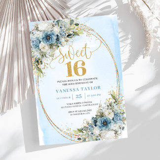 Chic Dusty Blue Florale Eukalyptus Sweet 16 Einlad Einladung