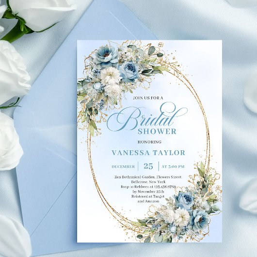 Chic Dusty Blue Flowers Gold Bridal Shower Invite Einladung