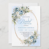 Chic Dusty Blue Flowers Gold Bridal Shower Invite Einladung (Vorderseite)