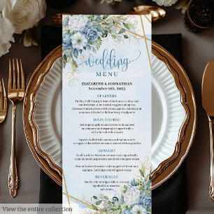 Chic Dusty Blue Flowers Grüne Gold Wedding Menü Menükarte
