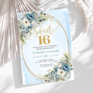 Chic Dusty Blue Flowers Sweet Sixteen Birthday  Einladung