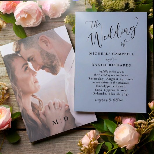 Chic Dusty Blue & Foto Wedding Einladung