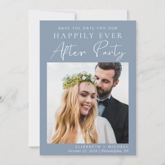 Chic Dusty Blue Foto Wedding Reception Save The Date (Vorderseite)