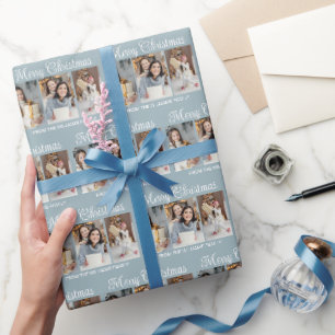 Chic Dusty Blue Frohe Weihnachten Foto Collage Geschenkpapier