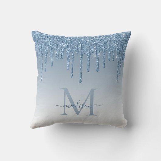 Chic Dusty Blue Glitzer Tropfens Glam Monogram Scr Kissen (Rückseite)