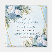 Chic Dusty Blue Gold Frame Floral Save the Date Magnet (Vorne)