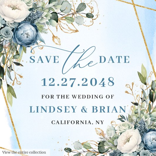 Chic Dusty Blue Gold Frame Floral Save the Date Magnet