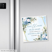 Chic Dusty Blue Gold Frame Floral Save the Date Magnet