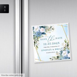 Chic Dusty Blue Gold Frame Floral Save the Date Magnet