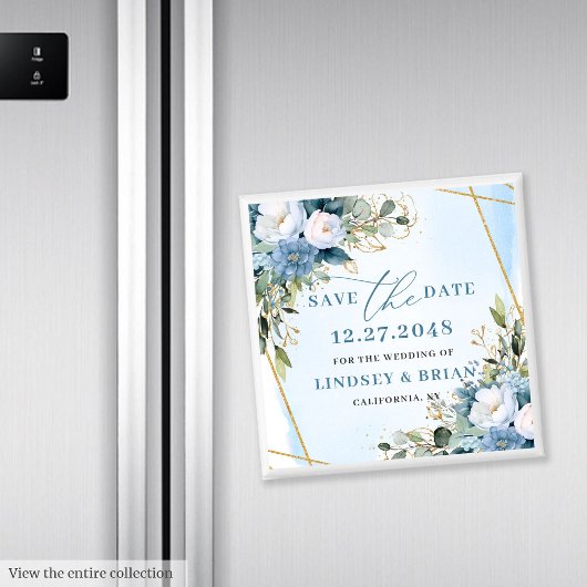 Chic Dusty Blue Gold Frame Floral Save the Date Magnet