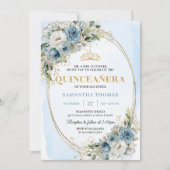 Chic Dusty Blue Gold Greenery 15th Birthday Invite Einladung (Vorderseite)