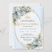 Chic Dusty Blue Gold Greenery Quince 15 Invitation Einladung (Vorderseite)