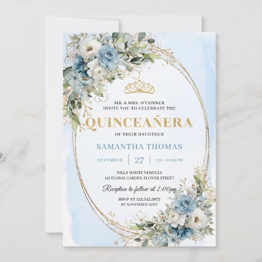 Chic Dusty Blue Gold Greenery Quince 15 Invitation Einladung (Vorderseite)