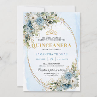 Chic Dusty Blue Gold Greenery Quince 15 Invitation Einladung