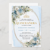 Chic Dusty Blue Gold Greenery Quince 15 Invitation Einladung (Vorne/Hinten)