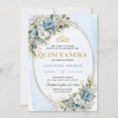 Chic Dusty Blue Gold Greenery Quinceañera Invite Einladung (Vorderseite)