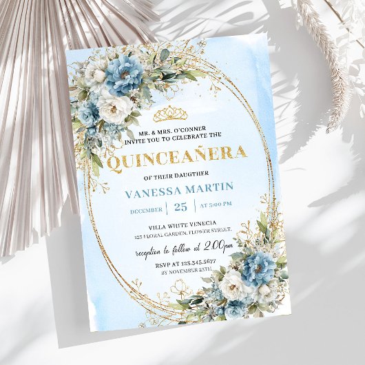 Chic Dusty Blue Gold Greenery Quinceañera Invite Einladung