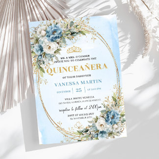 Chic Dusty Blue Gold Grüne Quinceañera-Einladung Einladung
