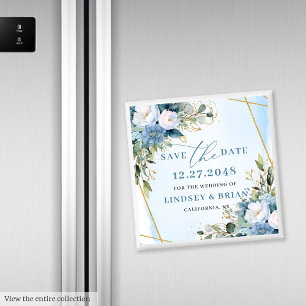 Chic Dusty Blue Gold Rahmen Floral Save-the-Date-K Magnet
