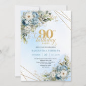 Chic Dusty Blue Gold Script 90th Birthday Invite Einladung (Vorderseite)