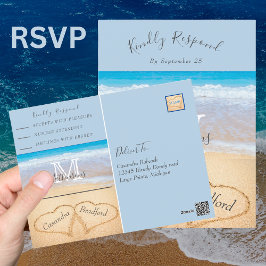 Chic Dusty Blue Hearts Sand Beach Wedding UAWG Postkarte