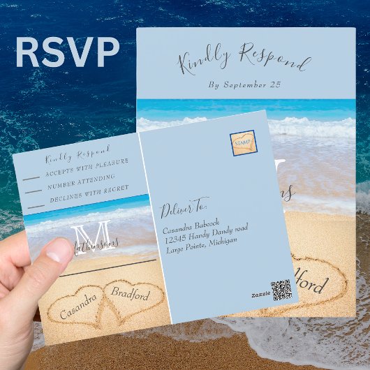 Chic Dusty Blue Hearts Sand Beach Wedding UAWG Postkarte