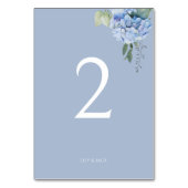 Chic Dusty Blue Hydrangea Wedding Tischnummer (Rückseite)