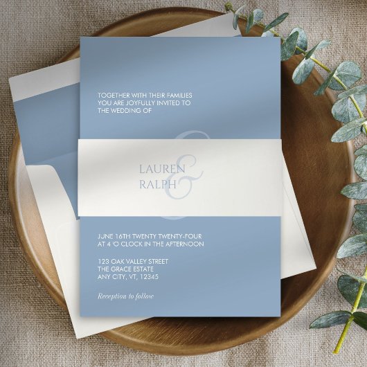 Chic Dusty Blue & Ivory Minimalistisch Script Wedd Einladungsbanderole